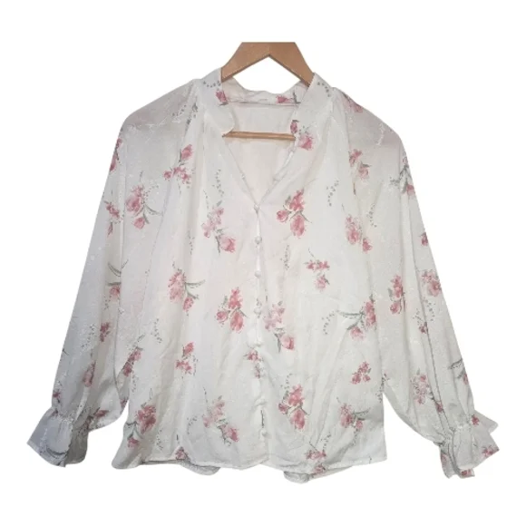 White Pink Floral Button-Up Blouse with Mandarin Collar Size Large - Cottagecore - Picture 2 of 11